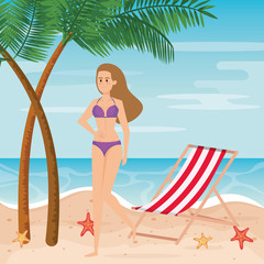 woman wearing swimsuit with tanning chair and palms trees