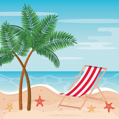 Fototapeta na wymiar palms trees with tanning chair and starfishes in the beach