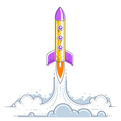 Rocket start to space to discover undiscovered galaxies. Explore universe, interesting space science. Thin line 3d vector illustration isolated on white.