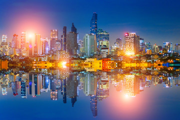 Fototapeta premium night light city landscape at night sky with many stars, night light city concept.