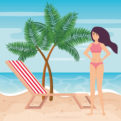 woman wearing swimsuit and tanning chair with palms trees