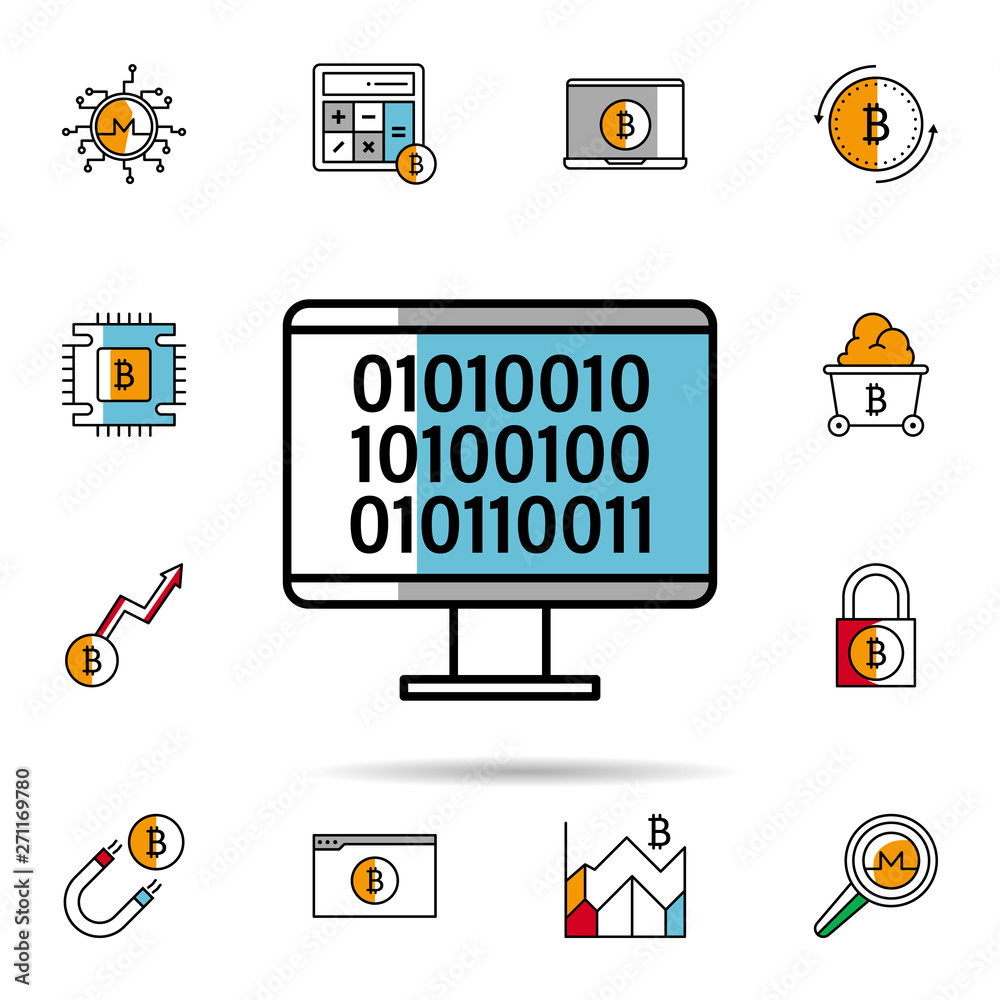Poster binary, coding, cryptocurrency, computer icon. universal set of cryptocurrency for website design an
