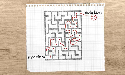 Problem Solving maze, Problem Solution text, maze solution hand drawn on with red marker on graph...