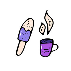 Ice cream and coffee cup in doodle style. 