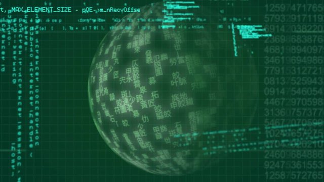 Program codes and globe with Chinese characters on the surface