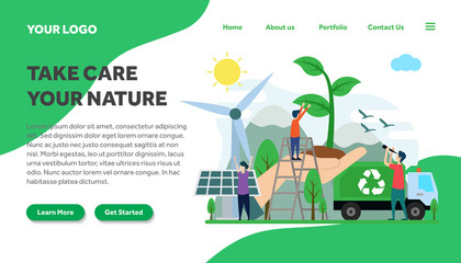 ecology and environment creative illustration vector for landing page , small people in ecology and environment illustration vector , save the planet, save energy, Earth Day landing page