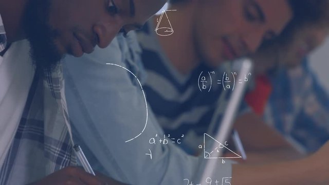 Mathematical equations and students studying