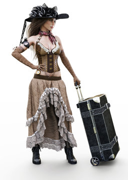Portrait of a beautiful steampunk woman in casual clothing traveling with a suitcase on a white background. 3d rendering
