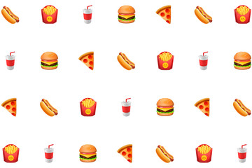 hot dog, fries, soft drink, hamburger, pizza junk food on white background graphic resource