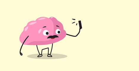 cute human brain taking selfie photo pink cartoon character using smartphone camera kawaii style horizontal