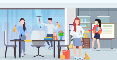 casual coworkers team cleaners working together cleaning service concept creative co-working center modern conference room office interior flat full length horizontal
