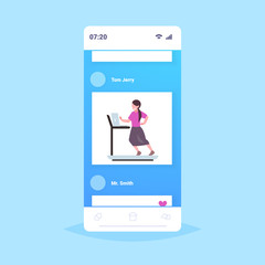 businesswoman using laptop running on treadmill business woman workout hard working concept smartphone screen mobile app flat full length
