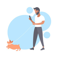 casual man walking with dog bearded guy using smartphone male person having fun with his animal pet best friend concept flat full length