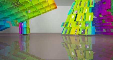 Abstract white and colored gradient parametric interior  with window. 3D illustration and rendering.