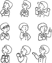Monochrome Illustration of hand-drawn sideways businessman set