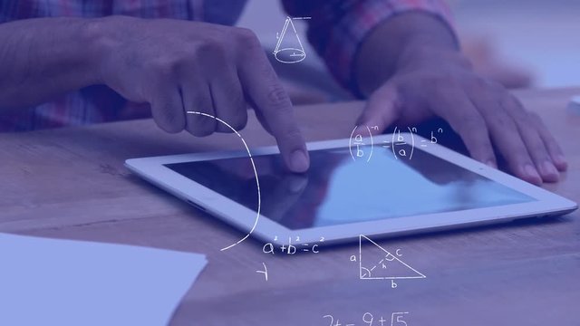 Mathematical equations and a man using a digital tablet