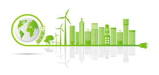 Ecology and Environmental Concept,Earth Symbol With Green Leaves Around Cities Help The World With Eco-Friendly Ideas,Vector Illustration
