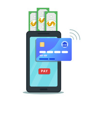 Online mobile payment and money transfer concept. Flat smartphone icon design with pay button on touch screen isolated on white background. Internet banking. Shopping wireless pay with nfc technology