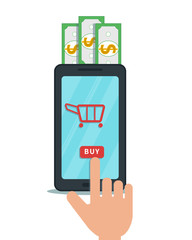 Business concept of online shopping. Hand finger touching buy button on smartphone screen with trolley icon. Mobile payment transaction, product purchase order. E-commerce app Digital wallet.