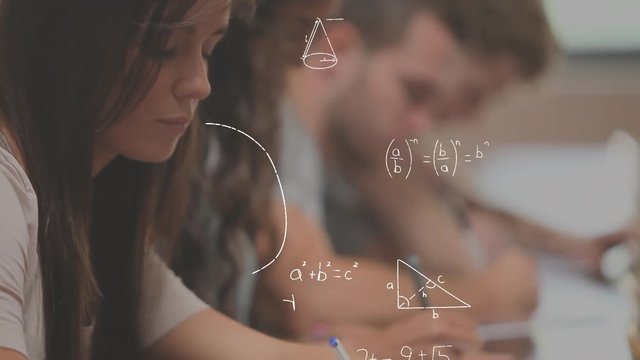 Students studying and mathematical equations