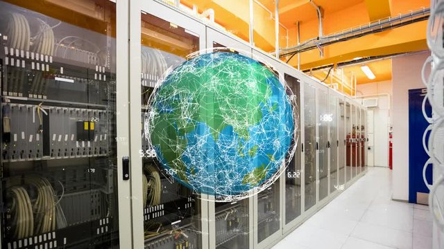 Digital globe in a hallway with servers