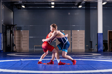 Two strong wrestlers in blue and red wrestling tights are wrestlng and making a  making a hip throw...