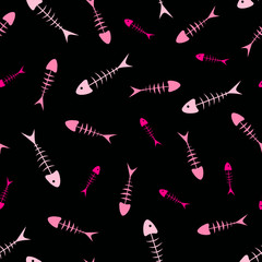 Seamless vector pink and black background with fish bones. Print for teenage girls