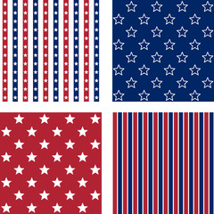 navy and red stars and stripes, vector seamless patterns set