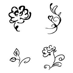 Flowers and branches hand drawn doodle collection isolated on white background. 4 floral graphic elements. Big vector set. Outline collection