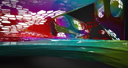 Abstract  Colored Gradient and Black Parametric Futuristic Sci-Fi interior With White Glowing Neon Tubes . 3D illustration and rendering.