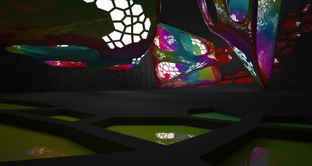 Abstract  Colored Gradient and Black Parametric Futuristic Sci-Fi interior With White Glowing Neon Tubes . 3D illustration and rendering.