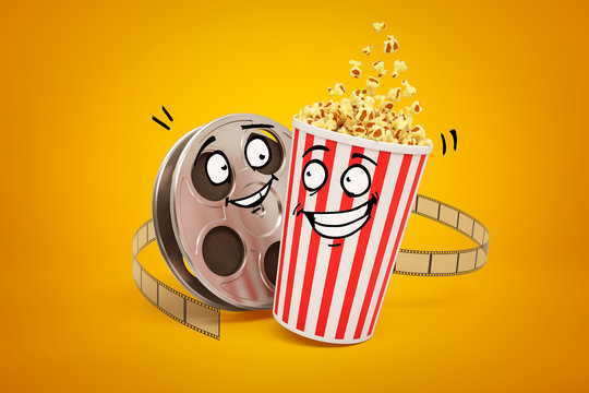 3d rendering of cartoon smiley popcorn bucket and film reel on yellow background