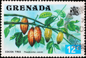 Detail of a cocoa tree on stamp of Grenada