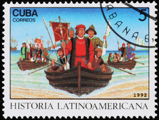 Historical landing of Christopher Columbus on postage stamp