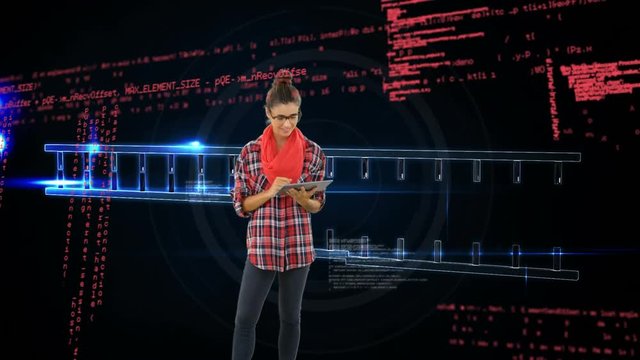 Woman using a digital tablet and DNA double helix