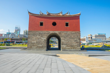 Naklejka premium People walking around The North Gate(Beimen) in Taipei, Taiwan