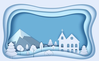 Mountain forest landscape in paper cut style. 3d paper cut church with tree, bush winter concept design. Merry christmas card. Vector Holiday frame.