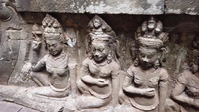 Ancient bas-relief on the walls of the Terrace of the Leper King, Angkor archaeological Park, Siem reap, Cambodia.