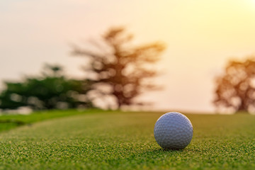Golf ball on green grass ready to be shot at golf court