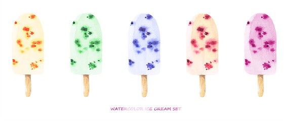 Watercolor colorful popsicle ice cream set