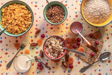 Oats, cereals, corn flakes, milk, and breakfast fruits