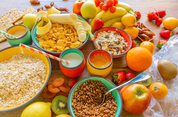 Fresh fruit, cereal and milk for breakfast