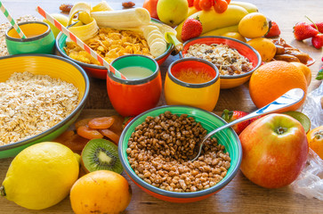 Set of different nutritious and healthy breakfast ingredients