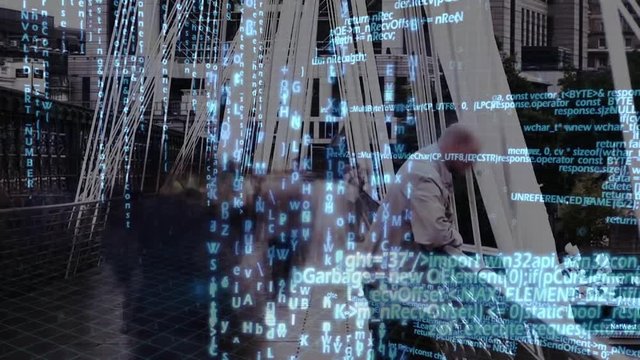 Program codes and people walking on a bridge