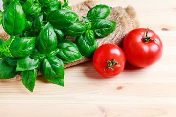 Basil plant and red tomatoes on wooden background