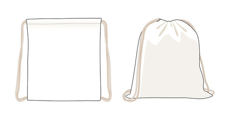 Blank drawstring bag, white foldable backpack, cloth bag, vector illustration sketch template