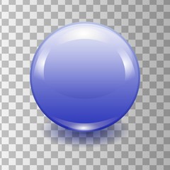 Vector realistic blue plastic button with patch of light on grey background. 3D illustration.