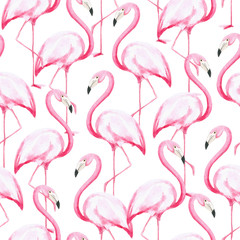 Watercolor pattern with pink flamingos. The illustrations are drawn by hand