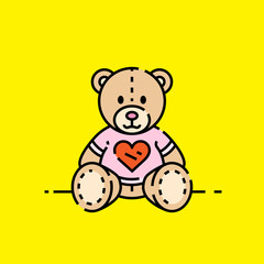 Love bear icon. Cute brown teddy bear symbol with red heart on pink t-shirt isolated on yellow background. Vector illustration.