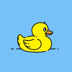 Yellow toy duck icon. Rubber duckling bath toy graphic isolated on blue background. Vector illustration.